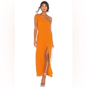 PRIVACY PLEASE - Blake Maxi Dress - Marigold (orange polka dot dress with slit)